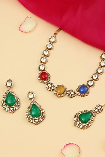 Gold Finish Moissanite & Multi-colored Semi-Precious Stone Necklace Set