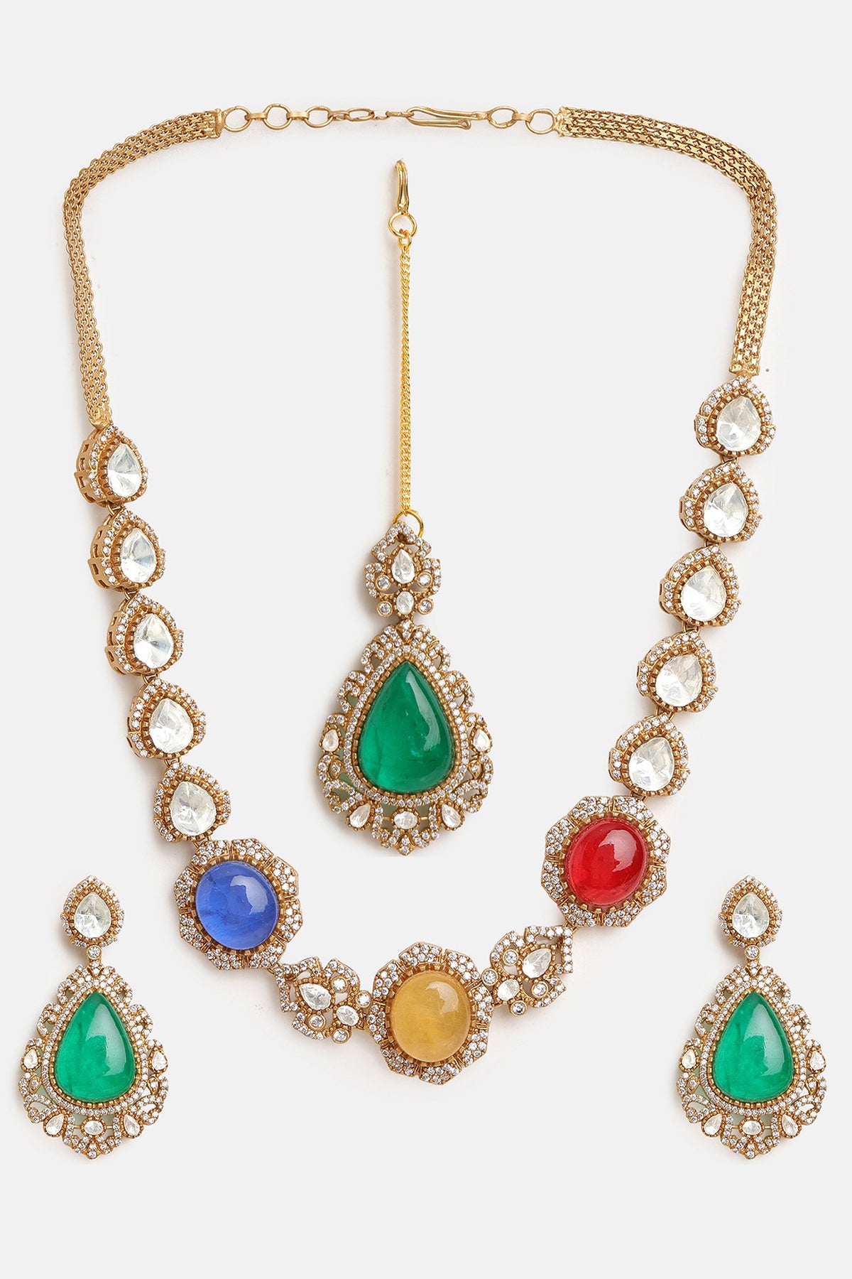 Gold Finish Moissanite & Multi-colored Semi-Precious Stone Necklace Set