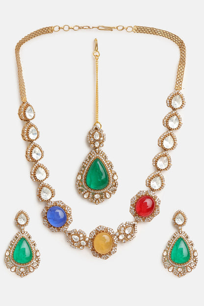 Gold Finish Moissanite & Multi-colored Semi-Precious Stone Necklace Set