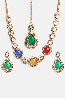 Gold Finish Moissanite & Multi-colored Semi-Precious Stone Necklace Set