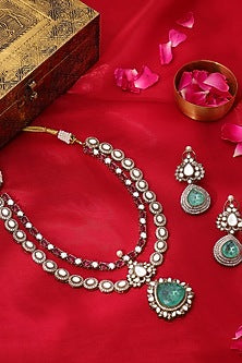 Oxidised Gold Finish Kundan Polki & Semi-Precious Stone Layered Necklace Set