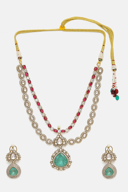 Oxidised Gold Finish Kundan Polki & Semi-Precious Stone Layered Necklace Set