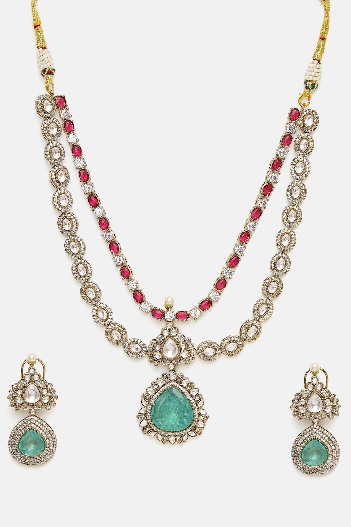 Oxidised Gold Finish Kundan Polki & Semi-Precious Stone Layered Necklace Set