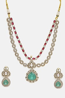 Oxidised Gold Finish Kundan Polki & Semi-Precious Stone Layered Necklace Set
