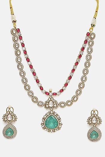 Oxidised Gold Finish Kundan Polki & Semi-Precious Stone Layered Necklace Set