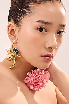 Gold Plated Blue Swarovski Stone & Pearl Enameled Dangler Earrings