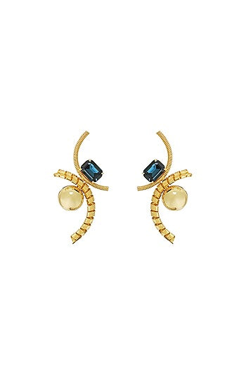 Gold Plated Blue Swarovski Stone & Pearl Enameled Dangler Earrings