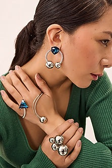 White Finish Blue Swarovksi Stone & Pearl Enameled Dangler Earrings