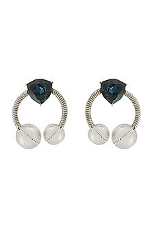 White Finish Blue Swarovksi Stone & Pearl Enameled Dangler Earrings