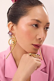 Gold Plated Pink Swarovski Stone & Pearl Enameled Dangler Earrings