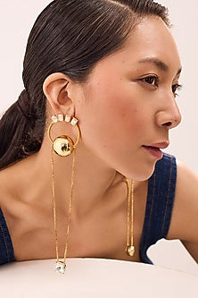 Gold Plated Champagne Swarovski Stone & Pearl Enameled Dangler Earrings