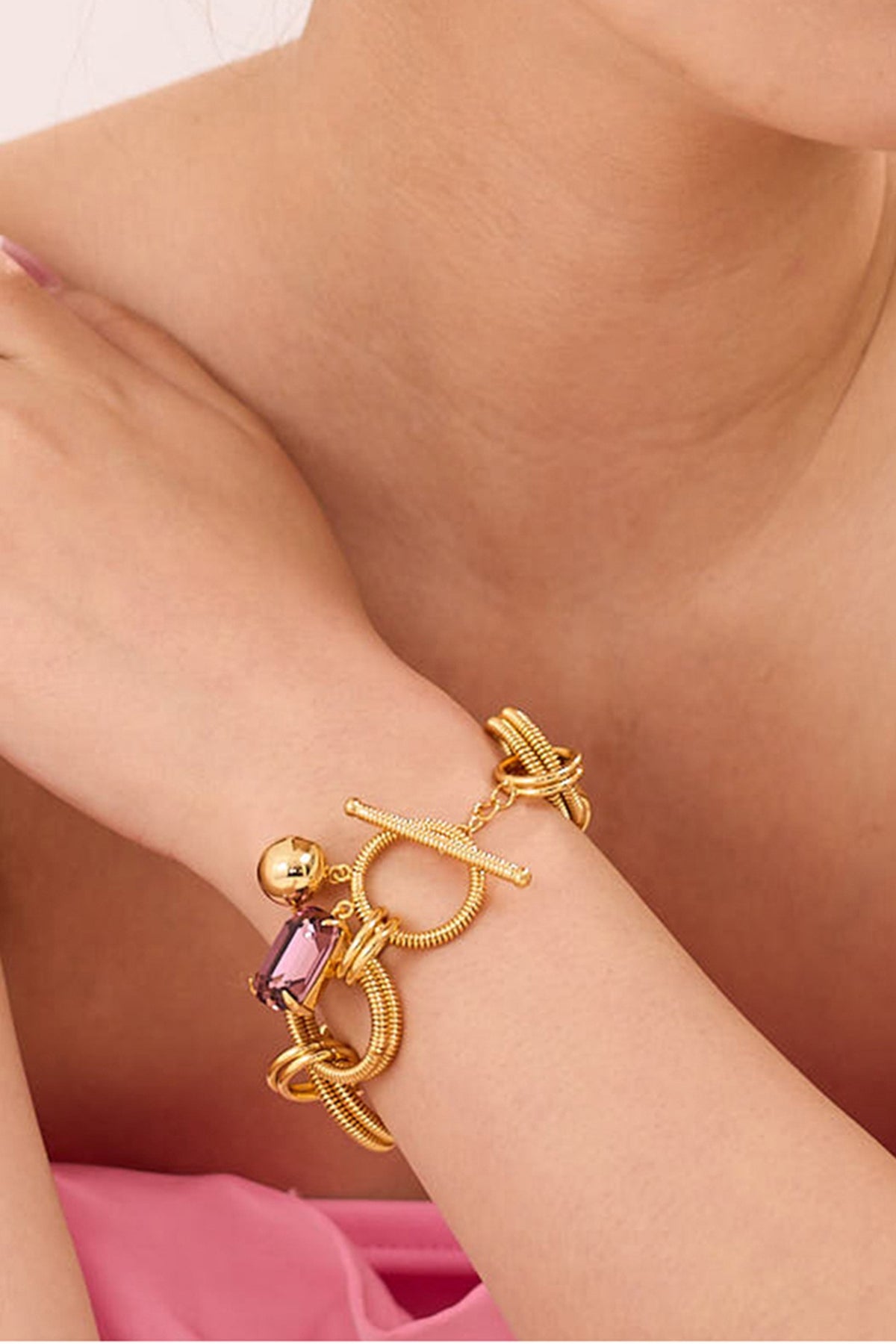Gold Finish Pink Swarovski Stone Openable Bracelet