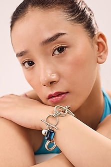 White Finish Blue Swarovski Stone Openable Bracelet