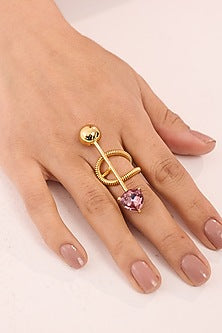 Gold Finish Pink Swarovski Stone Adjustable Ring