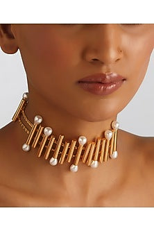 Gold Finish Pearl Choker Necklace