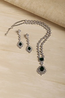 White Finish American Diamond Long Necklace Set
