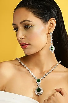 White Finish American Diamond Long Necklace Set