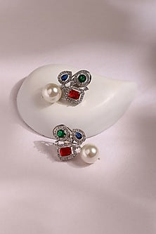 Black Rhodium Finish Multi-Colored Stone & Zircon Stud Earrings