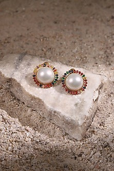 Gold Finish Pearl Stud Earrings