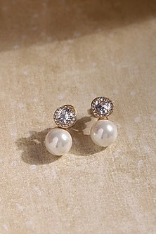 Gold Finish White Pearl & Zircon Stud Earrings