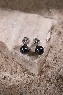 Gold Finish Navy Blue Stone & Zircon Stud Earrings