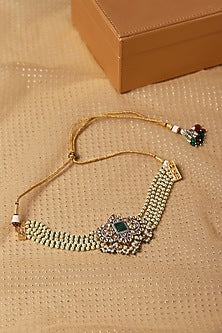 Gold Finish Green Cubic Zirconia & Beaded Choker Necklace