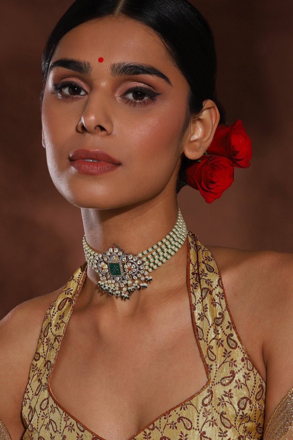 Gold Finish Green Cubic Zirconia & Beaded Choker Necklace