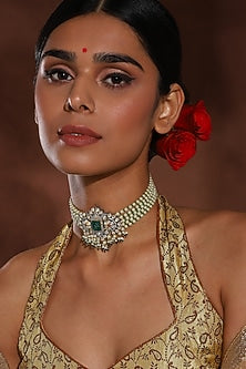 Gold Finish Green Cubic Zirconia & Beaded Choker Necklace