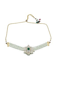 Gold Finish Green Cubic Zirconia & Beaded Choker Necklace