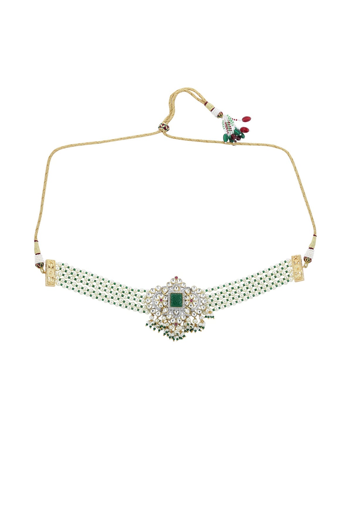 Gold Finish Green Cubic Zirconia & Beaded Choker Necklace