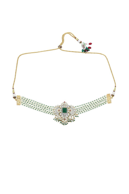 Gold Finish Green Cubic Zirconia & Beaded Choker Necklace