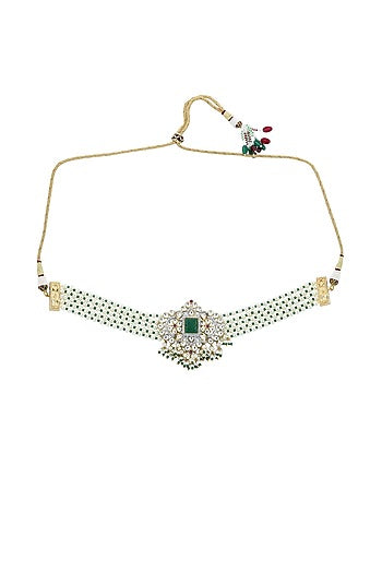 Gold Finish Green Cubic Zirconia & Beaded Choker Necklace