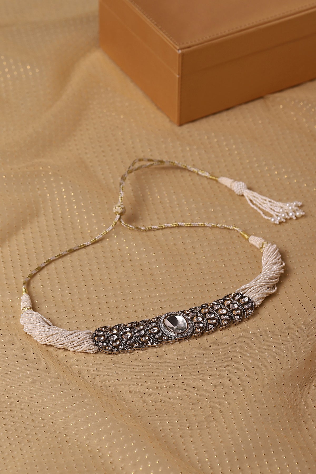Gold Finish Crystal Stone & Beaded Choker Necklace