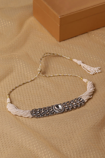 Gold Finish Crystal Stone & Beaded Choker Necklace