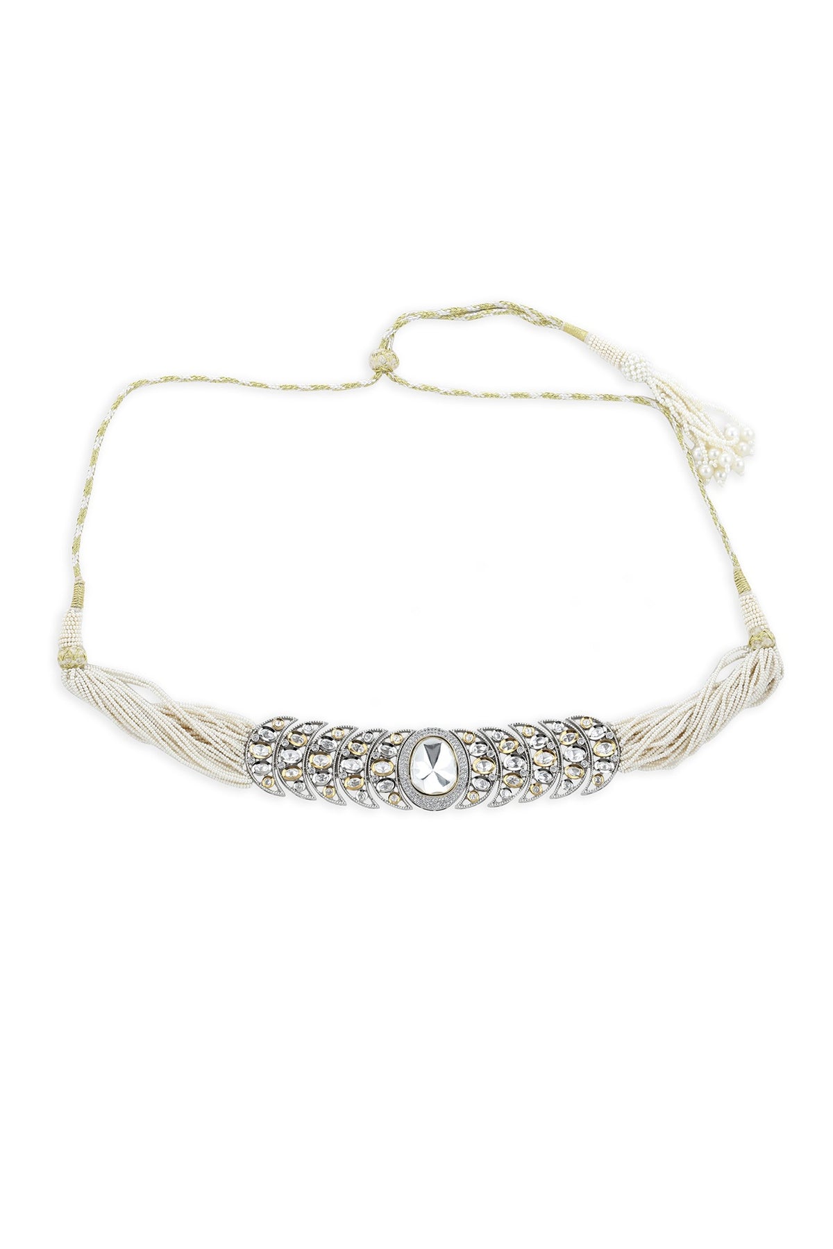Gold Finish Crystal Stone & Beaded Choker Necklace