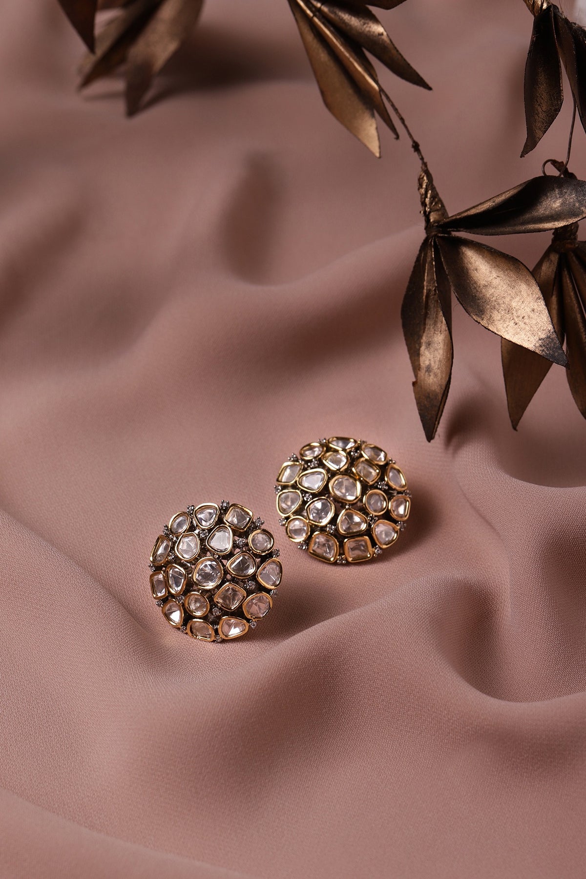 Black Rhodium Finish Kundan Polki Stud Earrings