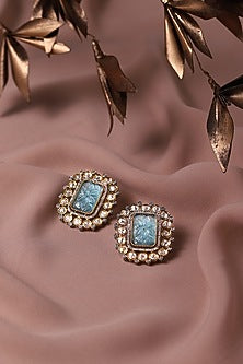 Gold Finish Kundan Polki & Blue Stone Stud Earrings