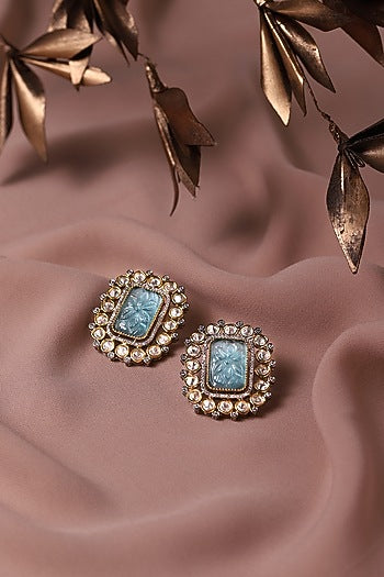 Gold Finish Kundan Polki & Blue Stone Stud Earrings
