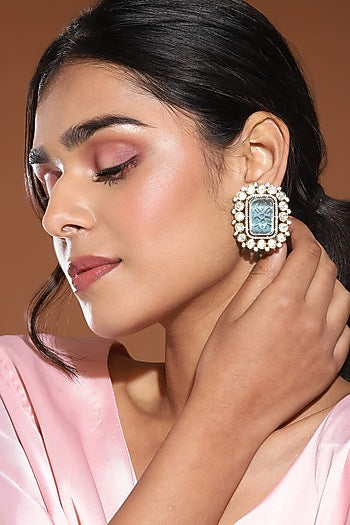 Gold Finish Kundan Polki & Blue Stone Stud Earrings