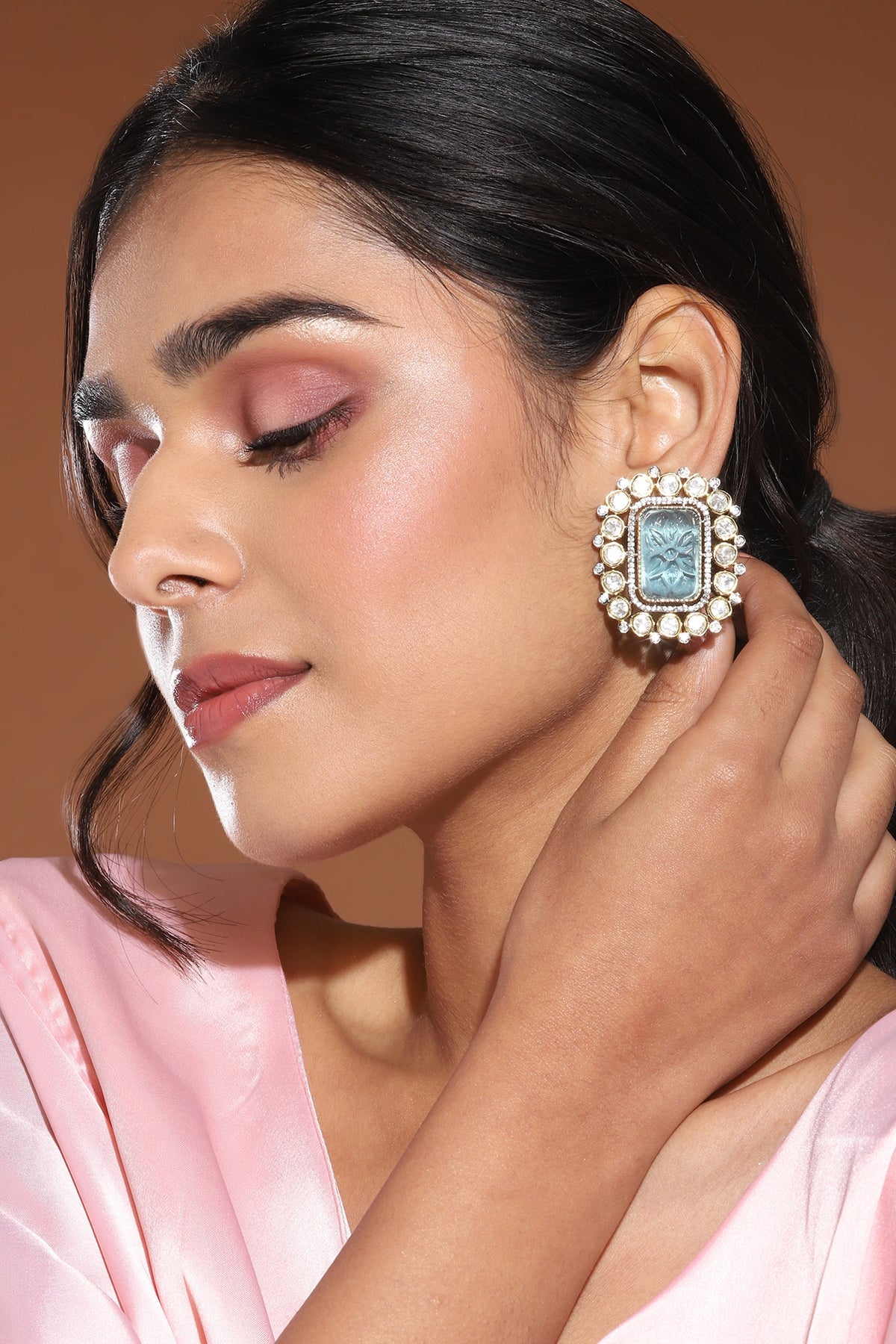 Gold Finish Kundan Polki & Blue Stone Stud Earrings