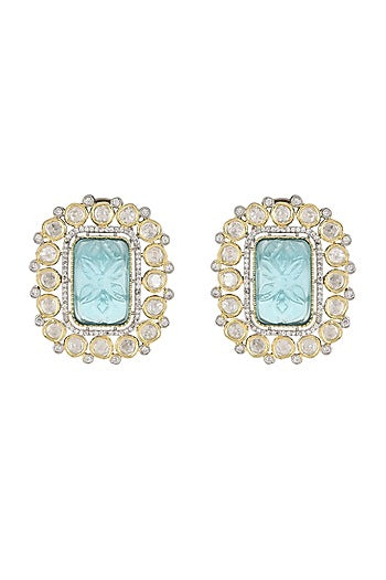 Gold Finish Kundan Polki & Blue Stone Stud Earrings