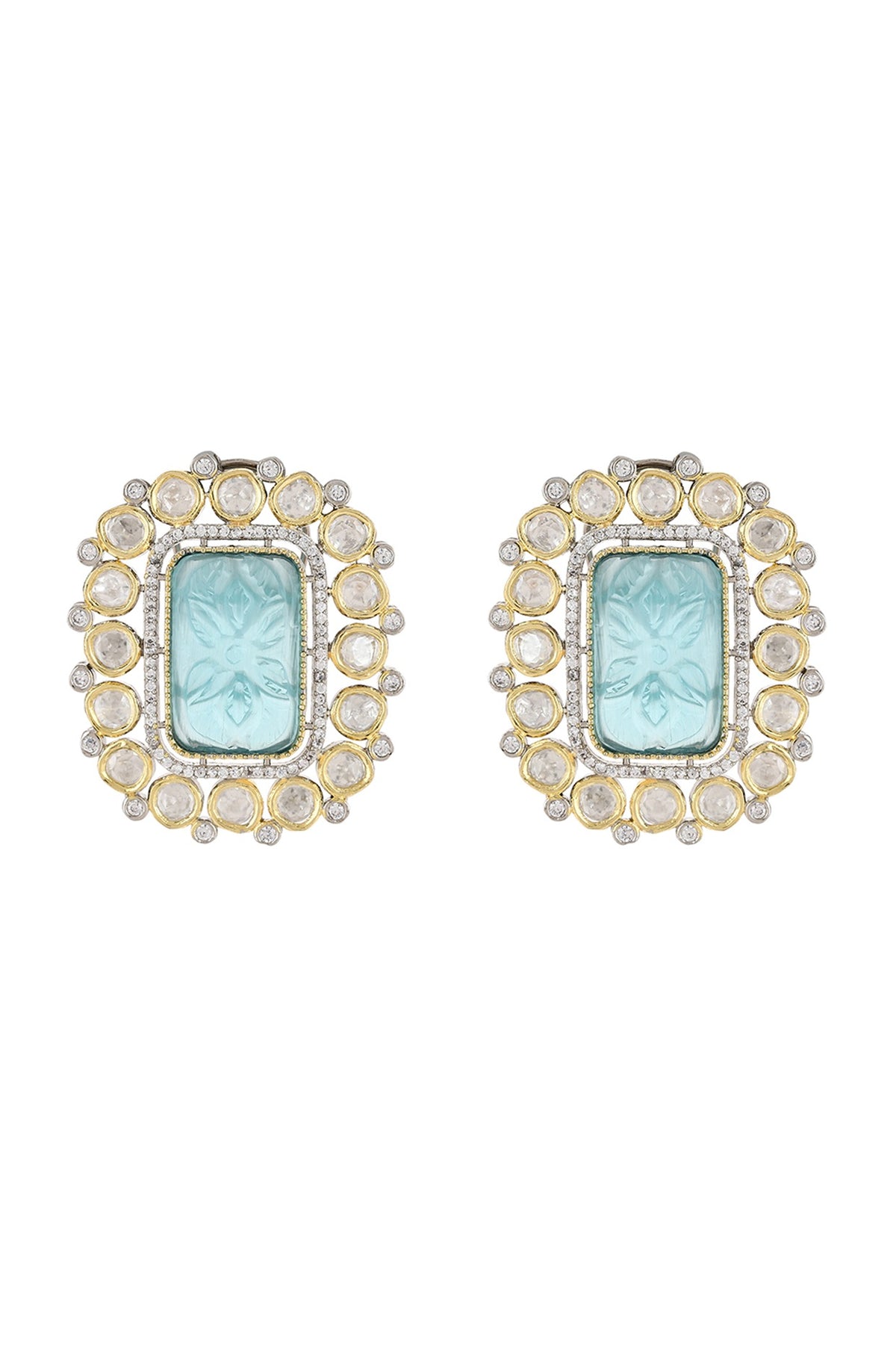 Gold Finish Kundan Polki & Blue Stone Stud Earrings