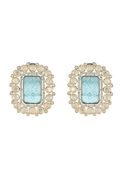 Gold Finish Kundan Polki & Blue Stone Stud Earrings