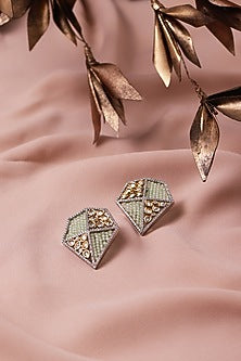 Gold Finish Sea Green Beaded Stud Earrings