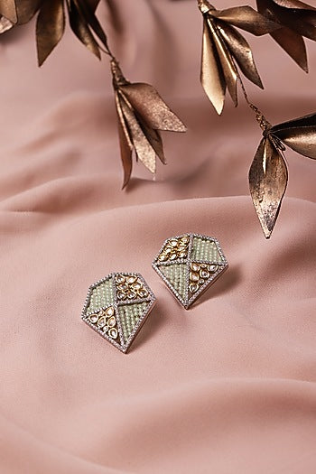 Gold Finish Sea Green Beaded Stud Earrings