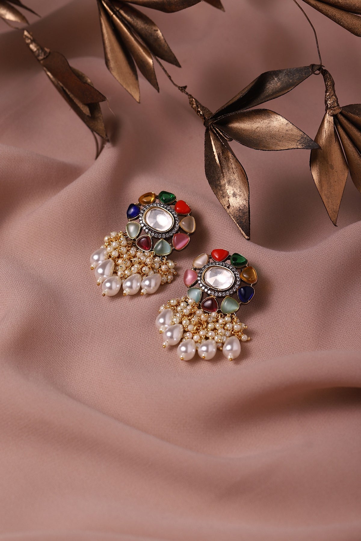 Gold Finish Multi-Colored Stone Meenakari Stud Earrings