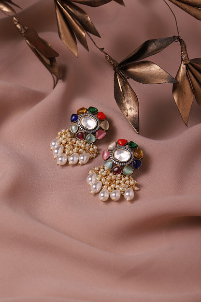 Gold Finish Multi-Colored Stone Meenakari Stud Earrings