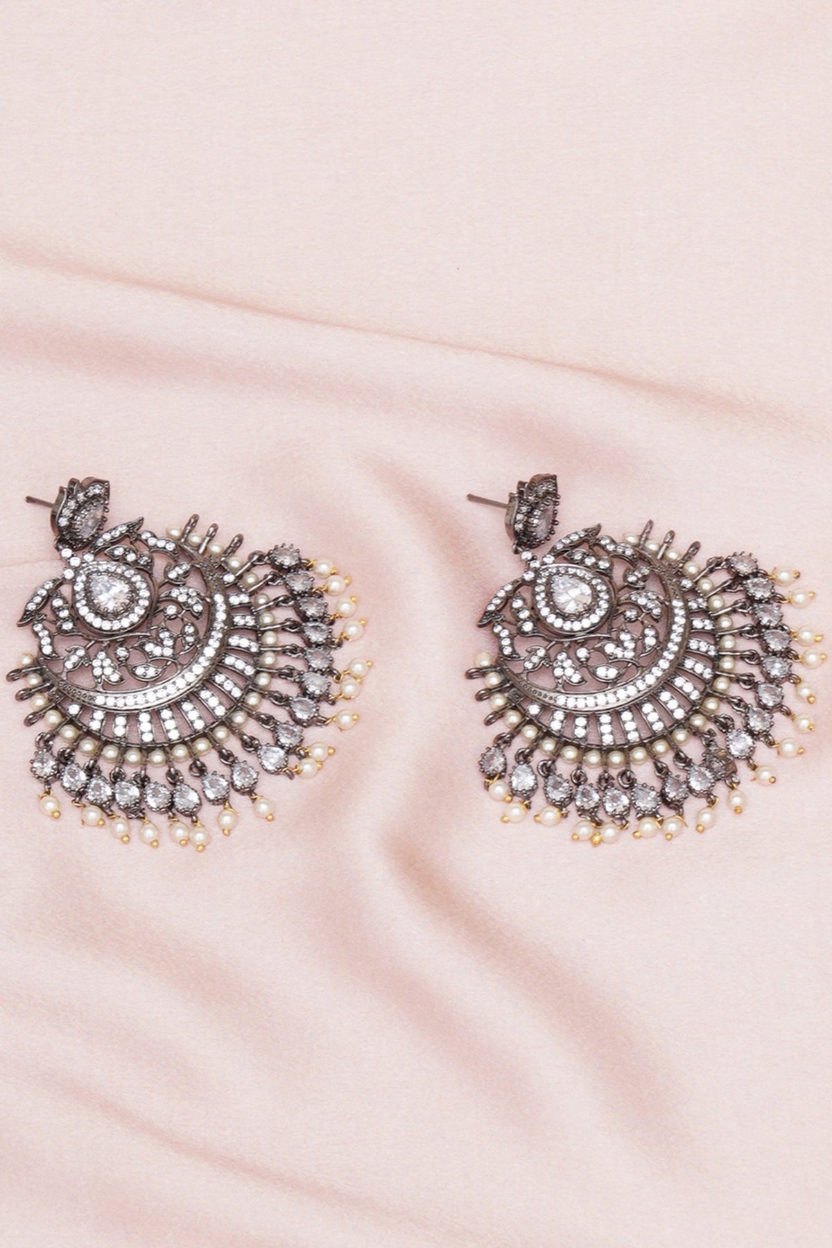 Black Rhodium Finish Pearl & Zircon Dangler Earrings