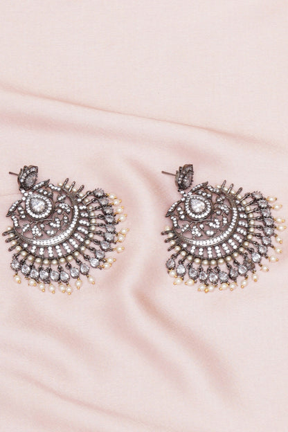 Black Rhodium Finish Pearl & Zircon Dangler Earrings