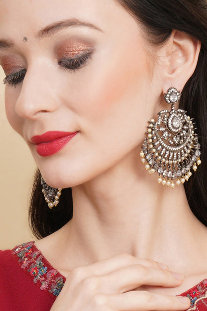 Black Rhodium Finish Pearl & Zircon Dangler Earrings